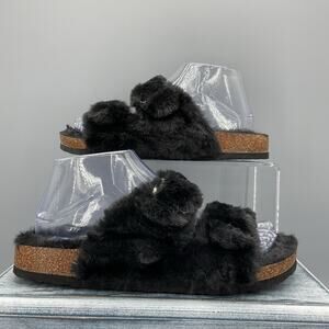 New Fitory Women’s Open Toe Slipper With Faux Rabbit lining Black Size 8